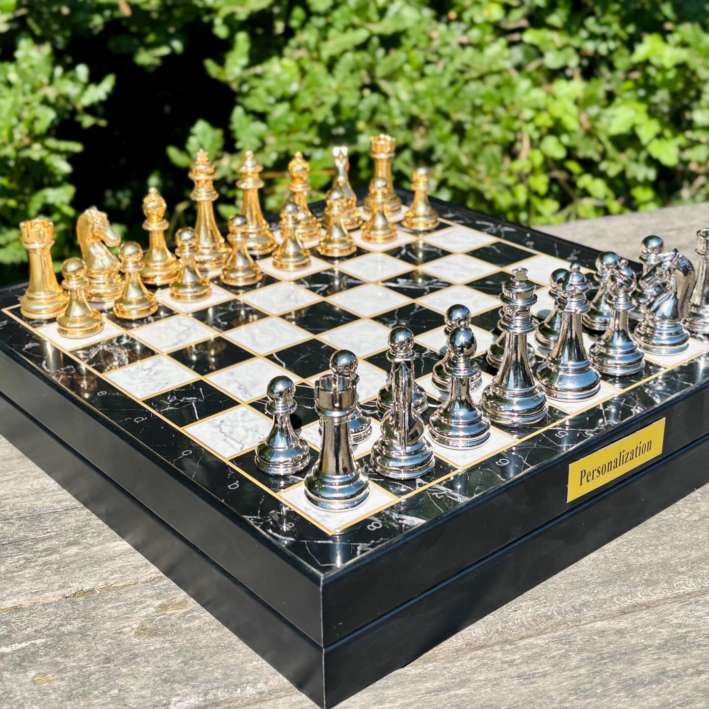 Custom Chess Board Set with Storage – Handmade Wooden Chess Set with Metal Pieces – Unique Gift for Men, Dad, Husband