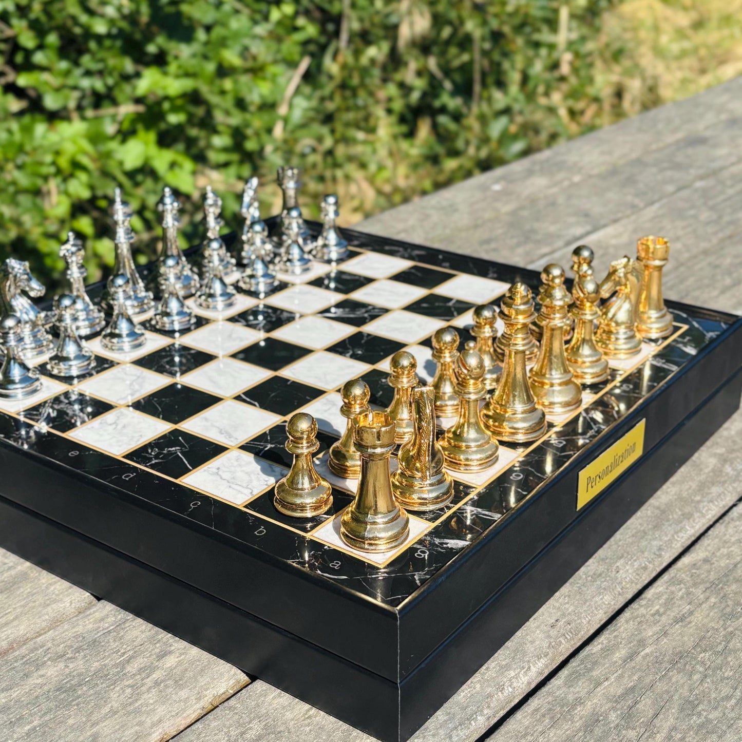 Custom Chess Board Set with Storage – Handmade Wooden Chess Set with Metal Pieces – Unique Gift for Men, Dad, Husband