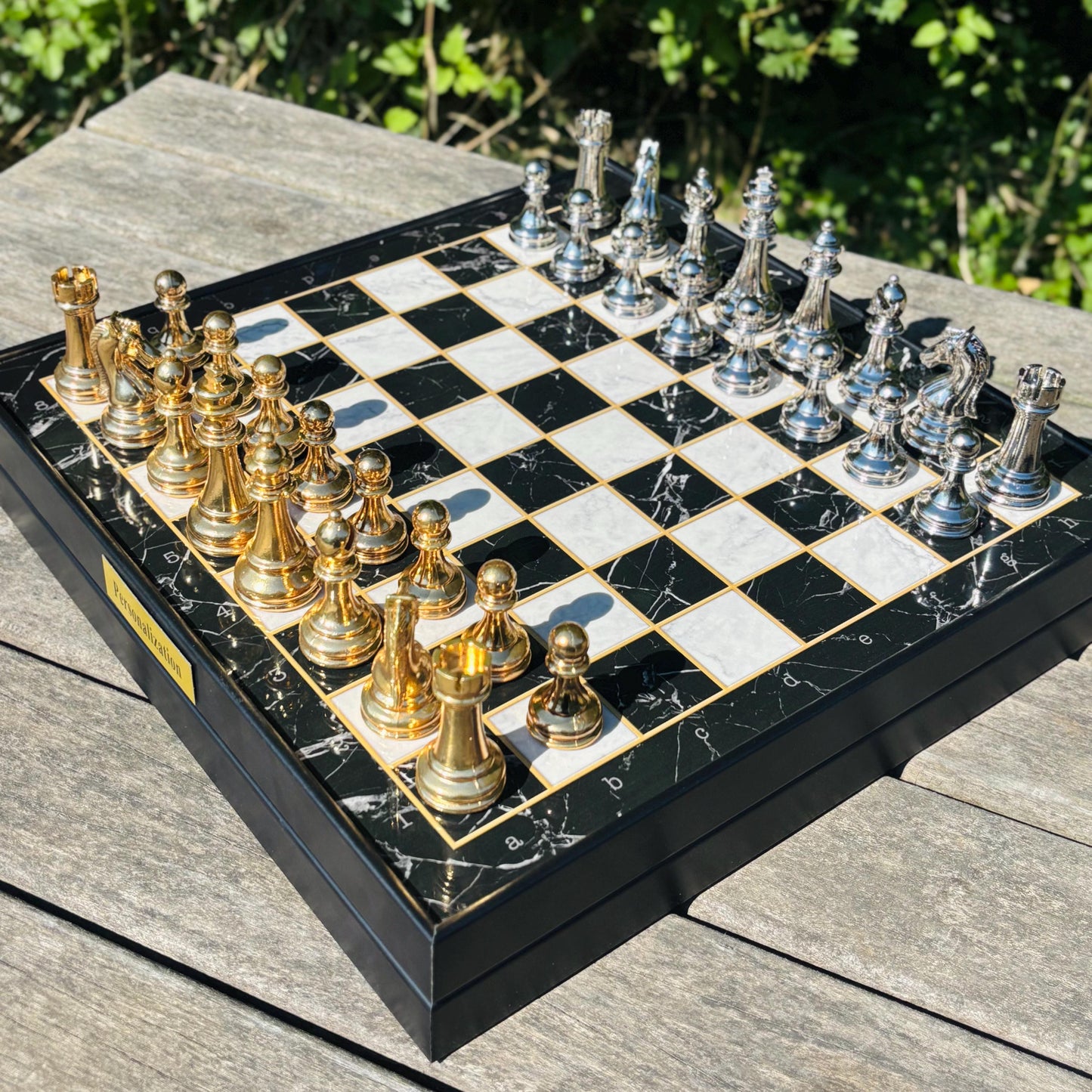 Custom Chess Board Set with Storage – Handmade Wooden Chess Set with Metal Pieces – Unique Gift for Men, Dad, Husband