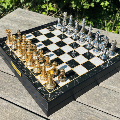 Custom Chess Board Set with Storage – Handmade Wooden Chess Set with Metal Pieces – Unique Gift for Men, Dad, Husband