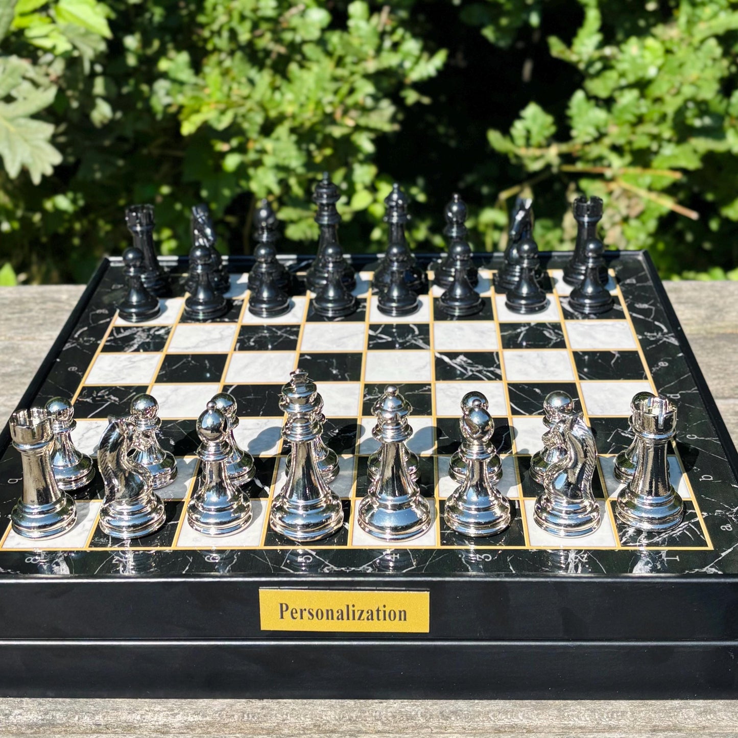 Custom Wooden Chess Set – Personalized Chess Board with Metal Pieces & Storage – Handmade Gift for Him, Dad, or Anniversary