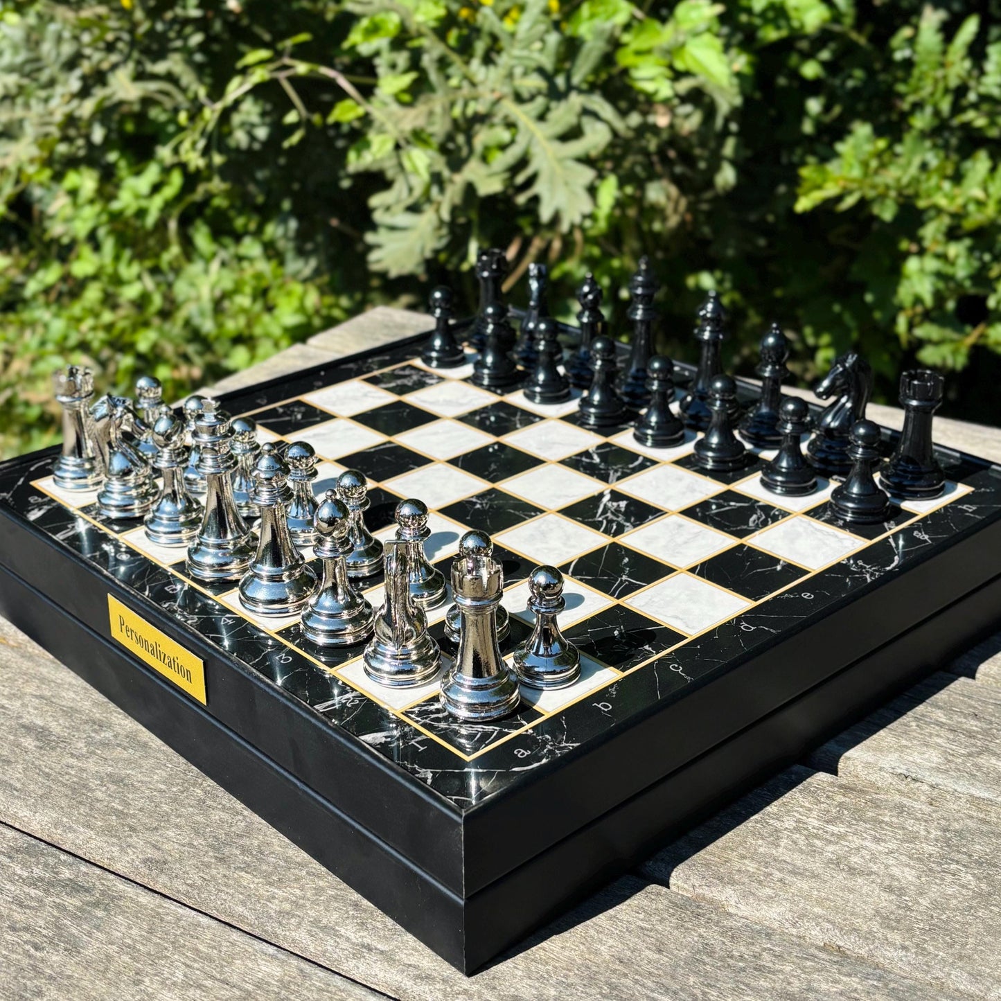 Custom Wooden Chess Set – Personalized Chess Board with Metal Pieces & Storage – Handmade Gift for Him, Dad, or Anniversary