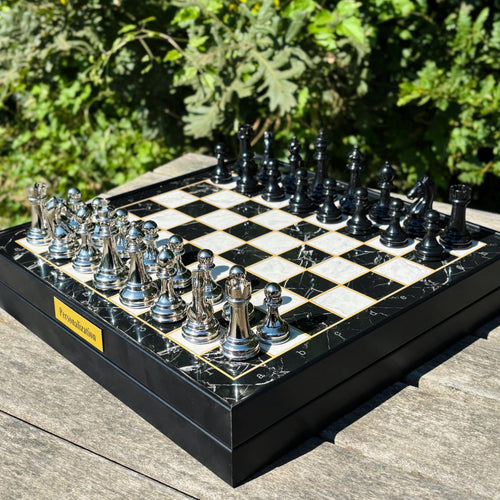 Custom Wooden Chess Set – Personalized Chess Board with Metal Pieces & Storage – Handmade Gift for Him, Dad, or Anniversary