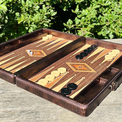 Personalized Leather Backgammon Set – Handmade Wooden Game Board Gift for Him, Anniversary or Birthday Gift for Husband or Boyfriend