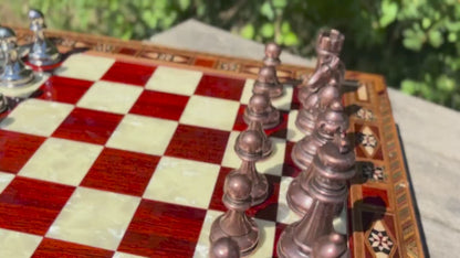 Handmade Luxury Chess Set – Personalized Wooden Board with Storage – Metal Chess Pieces – Unique Gift for Him